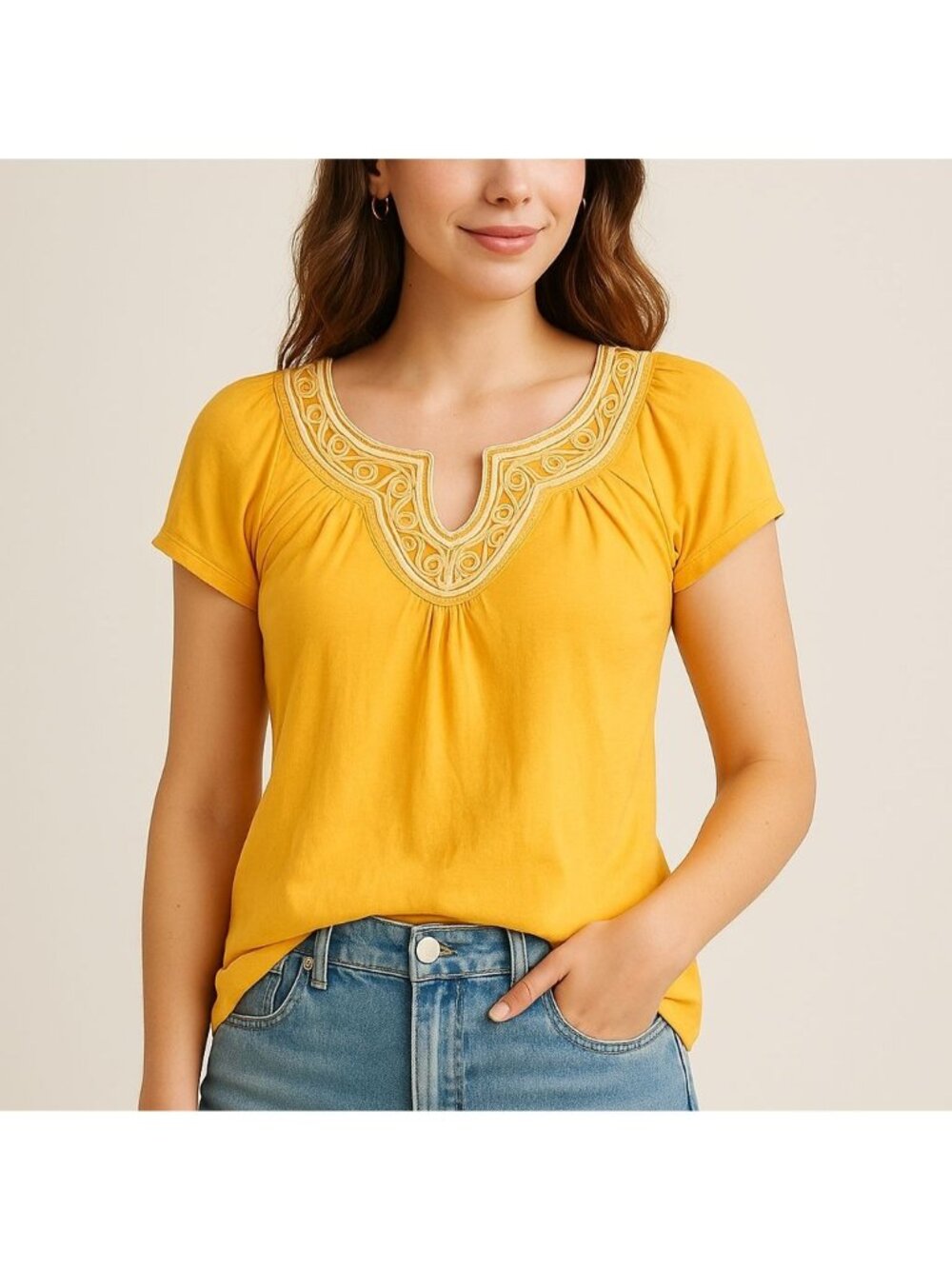 Anthropologie | C. Keer Womens Tee Rope Embellishment Cap Sleeve Orange Size S